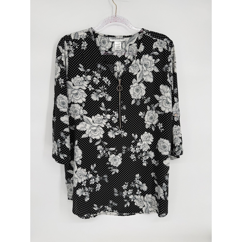 Cathy Daniels Womens Floral Polka Dot Zip Neck Roll Tab Sleeve Blouse Black Sz M
